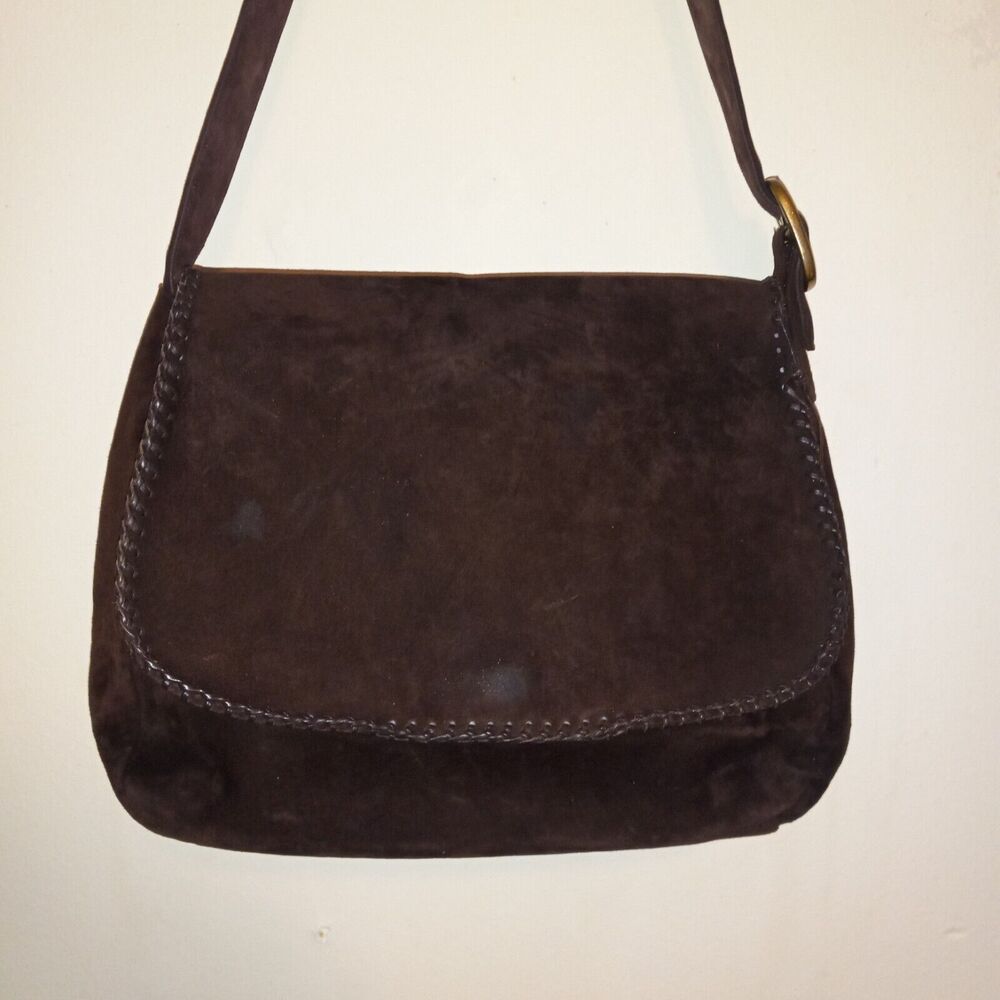 Vtg Eddie Bauer Suede Brown Hobo Adjustable Shoulder Bag-Braided Trim-Magnetic